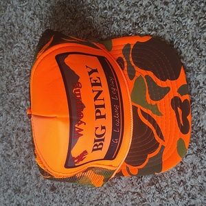 Vintage Nissin Wyoming Big Piney Neon Orange Camo Mesh Trucker Rope Hat OS